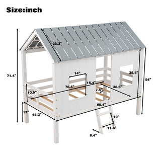 Twin Size Low Loft House Bed With Roof And 2 Front Windows - White