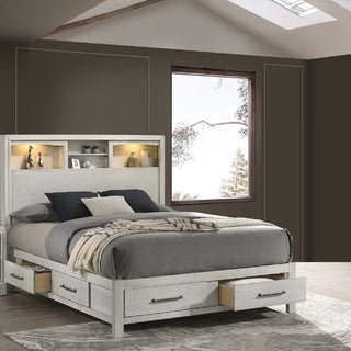 Bed Set With Storage Drawers, Open Shelves, And Built In LED Lighting