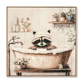 Raccoon Bathroom Canvas Wall Art, Funny Animal, Framed - Black / Ivory