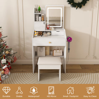 LED Vanity Mirror With Stool, 2 Drawers & 5 Storage Cabinets, Adjustable Lighting Mdf Dressing Table For Bedroom - White