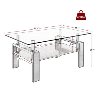 Modern Rectangular Coffee Table With Tempered Transparent Glass Top And Storage Shelf