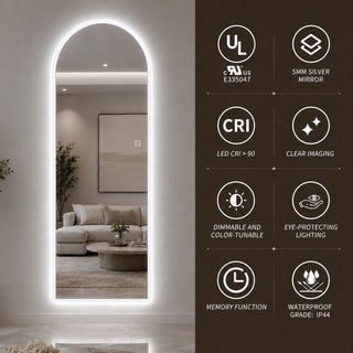 65" X 21" Arched LED Full Length Mirror, Wall Mounted Lighted Full Body Mirror With Frosted Edge Lighting, 3 Color Temperatures & Stepless Dimming - Silver