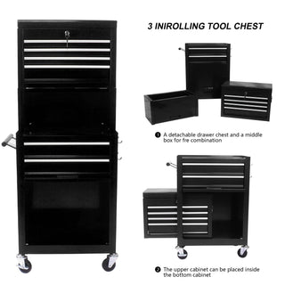 6 Drawer Lockable Tool Cabinet On Wheels, Steel Rolling Tool Chest With Detachable Toolbox