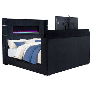 Judah - Eastern King Wingback TV Bed With Motorized Lift And Flame Visualizer - Black