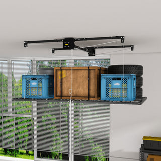 Overhead Garage Storage Rack For High Ceilings, Construction With Safety Lock - Black