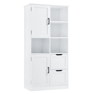 Freestanding Bathroom Storage Cabinet With Doors And Drawers, Adjustable Shelf, Open Shelves - White