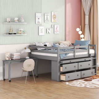 Loft Bed With Retractable Writing Desk And 4 Drawers, With Lateral Portable Desk And Shelves
