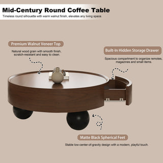 Round Coffee Table With Storage Drawer And Ball Feet - Walnut / Black