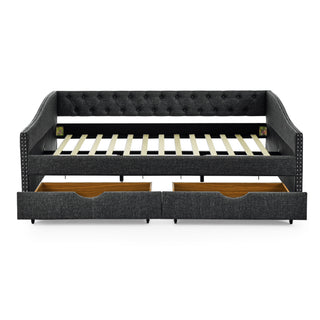 Upholstered Tufted Daybed With 2 Drawers, Waved Arms