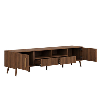 78" TV Stand For 85" TVs With Fluted Doors, Open Shelf, Cable Management - Walnut