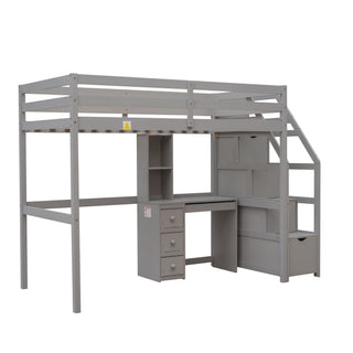 Loft Bed With Stand Alone Bed, Storage Staircase, Desk, Shelves, And Drawers