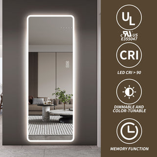 LED Full Length Mirror With Lights, Wall Mounted Full Body Mirror, Dimmable 3 Color Lighting, Anti Fog, Shatter Proof, Memory Function - Clear