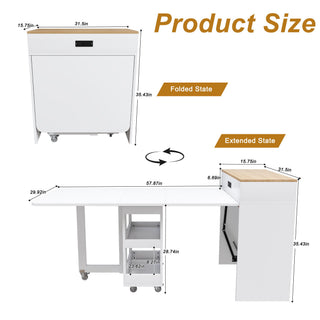 Extendable Dining Table With Power Socket, Lockable Casters, Storage Cabinet