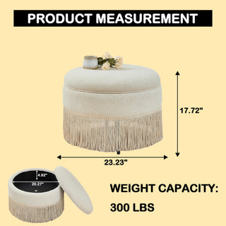 Round Storage Ottoman With Tassel, Decorative Accent Pouf For Living Room