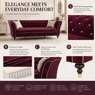 3 Person Sofa With Deep Seat, Tufted Backrest