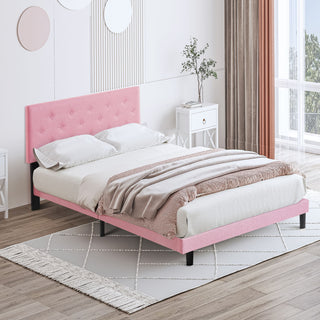 Modern Upholstered Platform Bed Frame With Button Tufted Fabric Headboard
