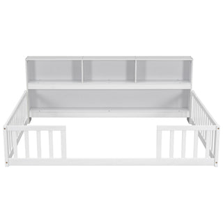 Floor Bed With Side Bookcase, Shelves, Guardrails
