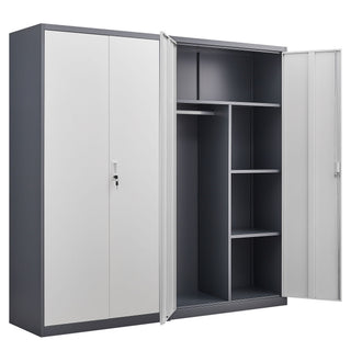 Wardrobe With Hanging Rod And Compartments, Lockable Closet With Locks & Keys For Bedroom - Gray