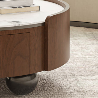 Round Coffee Table With Ball Feet, Dual Storage Drawers For Living Room - Walnut Brown