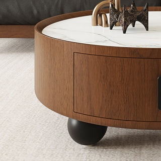 Round Coffee Table With Ball Feet, Pull Handle Storage Drawer - Bouguer Walnut / Brown