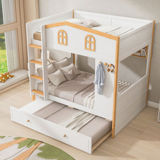 Bunk Bed With House Shaped Guardrails, Storage Shelves, And Trundle