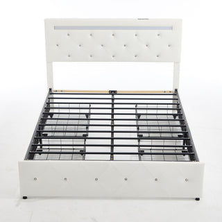 Upholstered Bed Frame With LED Lights, 4 Storage Drawers, Charging Station