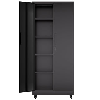 Storage Cabinet With Wheels And Lock, 4 Adjustable Shelves, 3 Point Locking Security, For Tool Organization In Garage - Black