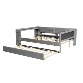 Upholstered Platform Bed With Storage Shelves, Desk, Charging Station And Trundle