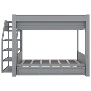 Wood Full Size Convertible Bunk Bed With Storage Staircase, Bedside Table, And 3 Drawers - Gray