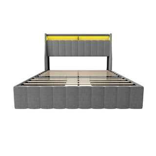 Queen Size Bed Frame With LED Lighting, Winged Headboard With Storage Drawers - Light Gray