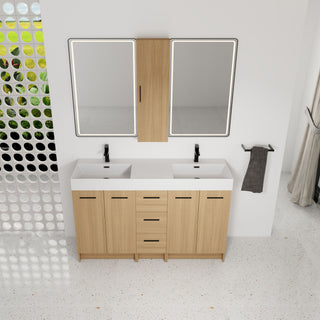 Double Sink Bathroom Vanity Set With Tall Linen Cabinet, 3 Drawers, Extra Large Storage, Integrated Sink, Freestanding Cabinet - Light Oak / White