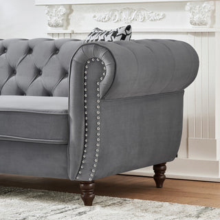 Chesterfield Upholstery Fabric Sofa With Roll Armrest & Nailhead