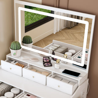 Modern Makeup Vanity Set With Power Outlet, Hair Dryer Holder, And Adjustable Lighting