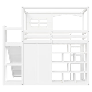 Twin Size Loft Bed With Wardrobe, Storage Shelves, Slide And LED - White
