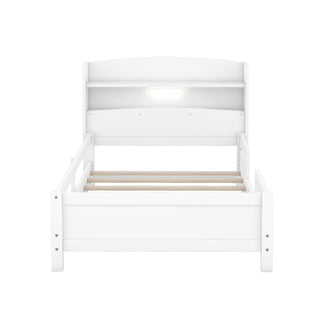 Wood Platform Bed With Built In LED Light, Storage Headboard And Guardrail