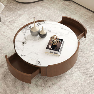 Round Coffee Table With Ball Feet, Dual Storage Drawers For Living Room - Walnut Brown