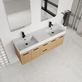 Floating Double Sink Bathroom Vanity With Drawers And Doors, Extra Large Storage, Integrated Sink, Soft Close Hardware - Glossy White / Light Oak