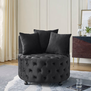 Modern Upholstered Swivel Chair With Button Tufted Design And Movable Wheels