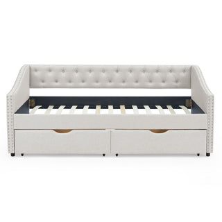 Upholstered Tufted Daybed With 2 Drawers, Waved Arms