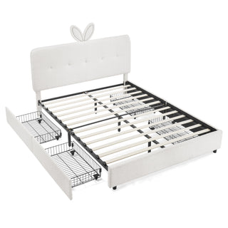 Upholstered Bed With Oversized Rabbit Ear Headboard, LED Lights & 4 Storage Drawers