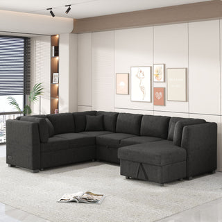 U-Shaped Sectional Sofa Pull Out Sofa Bed With Two USB Ports, Two Power Sockets, Three Back Pillows And A Storage Chaise For Living Room