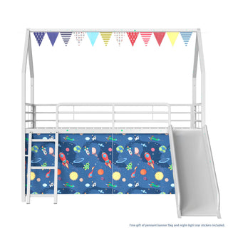 Jack - House Loft Bed With Slide And Curtain Set