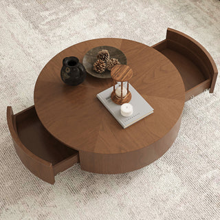 Drum Shaped Coffee Table With Hidden Storage Drawer, Low Profile For Living Room - Walnut