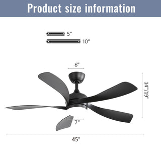 45" Ceiling Fan With DC Motor Smart App Control Quiet Reversible Operation Dimmable Lighting And Timer