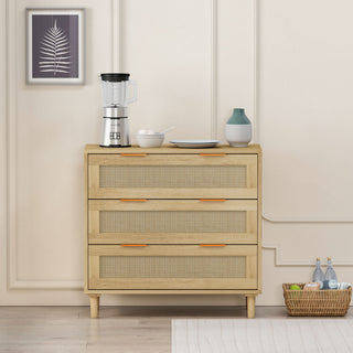 3 Drawer Storage Cabinet With Rattan Drawers For Bedroom, Living Room - Oak