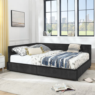 Mid-Century Storage Upholstered Tufted Bed Frame With Backrest And Armrests