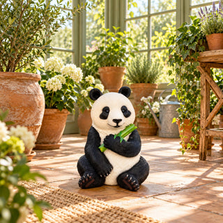 Panda Garden Statue, Sitting Animal Sculpture With Bamboo For Patio - Black White