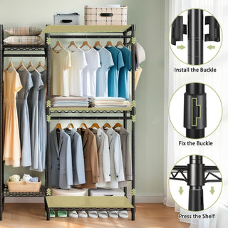 Heavy Duty Garment Rack With 8 Adjustable Wire Shelves And 5 Clothes Rails, Freestanding Closet Organizer Metal - Black