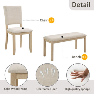 6 Piece Rectangular Kitchen Table Set With Bench And 4 Upholstered Chairs For Kitchen - Light Oak