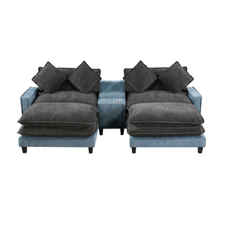 Sectional Sofa With Removable Ottomans, USB Ports, Cup Holders & Storage - Gray / Light Blue